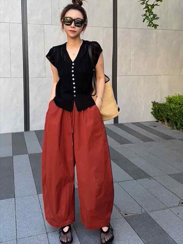 オシャレ パンツ カジュアル 大きいサイズ ハイウエスト レディース シンプル レッグ カワイイ 薄手 ファッション 赤 ワイド