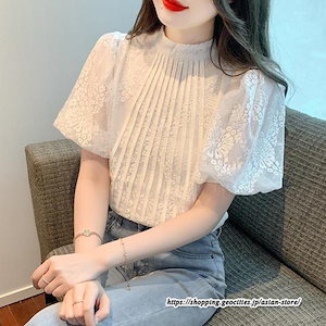 ブラウス パフスリーブ レディーストップス 半袖 シャツ レース 服 無地大人可愛い フォーマル エレガント ボリューム袖 お呼ばれ 二次会 通学通勤 40代 刺繍
