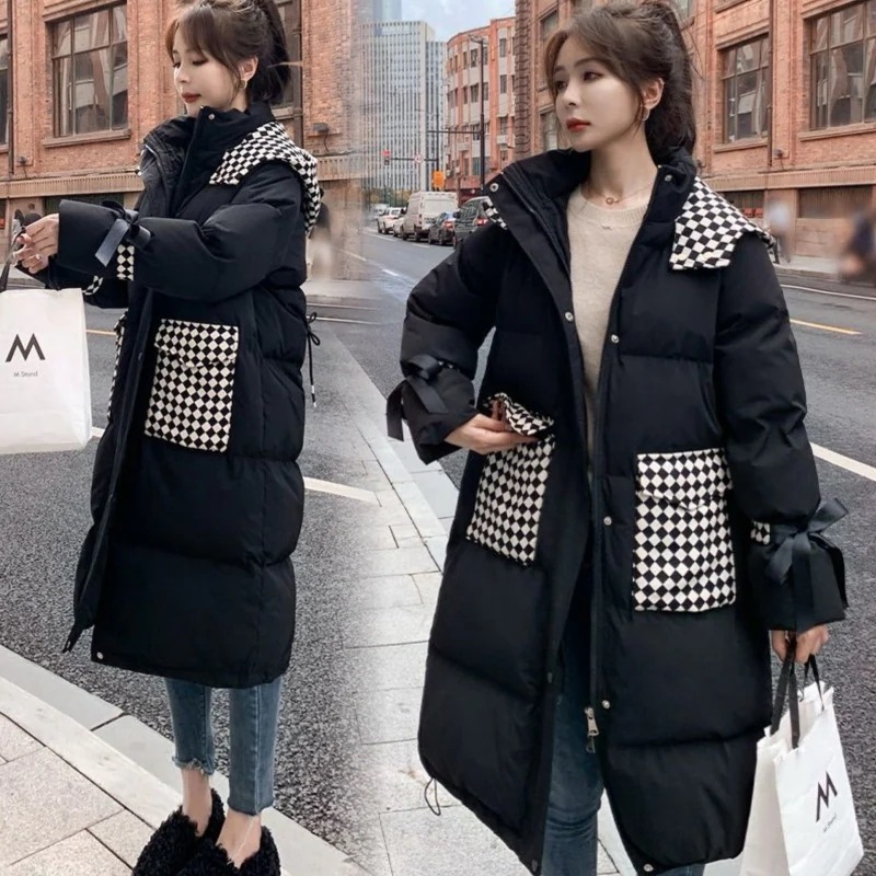 冬アウター ウォーム 中綿コ一ト 着痩せ百掛け 韓国フアッション体型カバー綿服ロング丈 チェック ダウンジャケット 厚手防寒暖かいジャケット レディース服フード付き