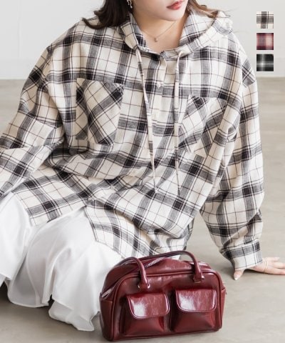 大きいサイズ レディース LL 3L 4L XL XXL XXXL オーバーサイズチェック柄フードシャツ