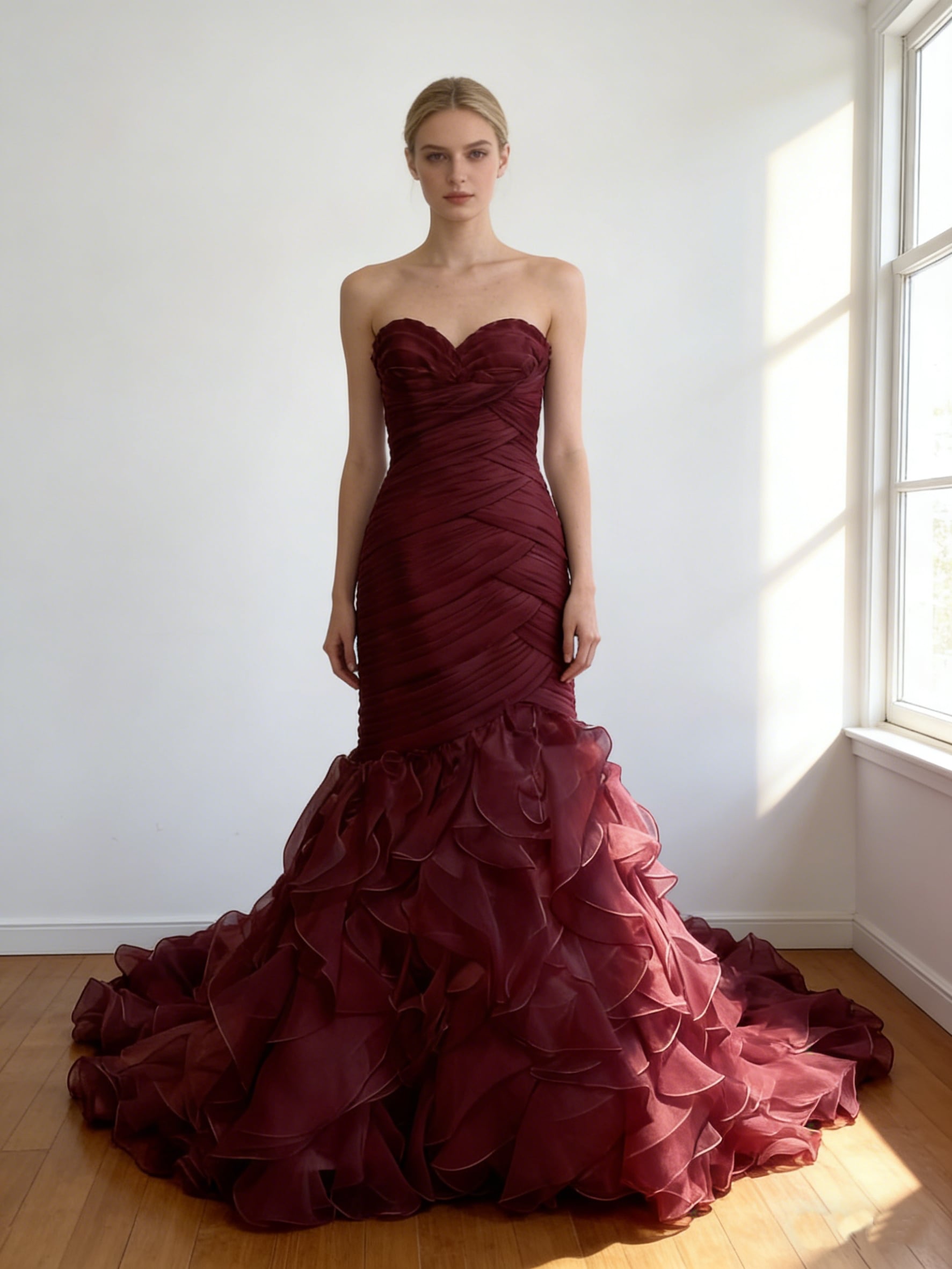 カラードレス ボルドー色 スリット ソフトマーメイドライン アシンメトリー風 華やかなトレーン 花嫁 前撮り