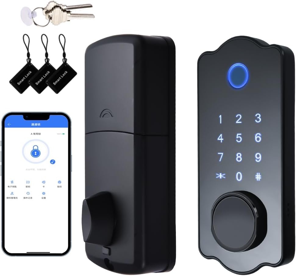 指紋認証ドアロック キーレスエントリー スマートドアロック 防水 オートロック 5 in 1 ICカード 150コード 電子指紋ドアロック ハンドルレバーセット付き フロントドア用 ブラック ハンドル