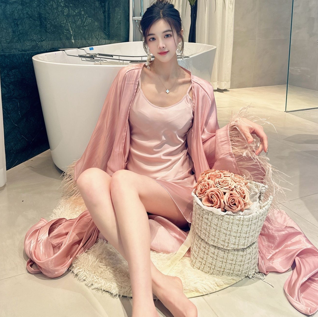 フェザー付きセクシーナイトウェア2点セット ピンク 韓国 オルチャン レディース ナイトウェア セクシー パジャマ お洒落 おしゃれ 高見え ルームウェア 可愛い 大人可愛い かわいい 7,855円