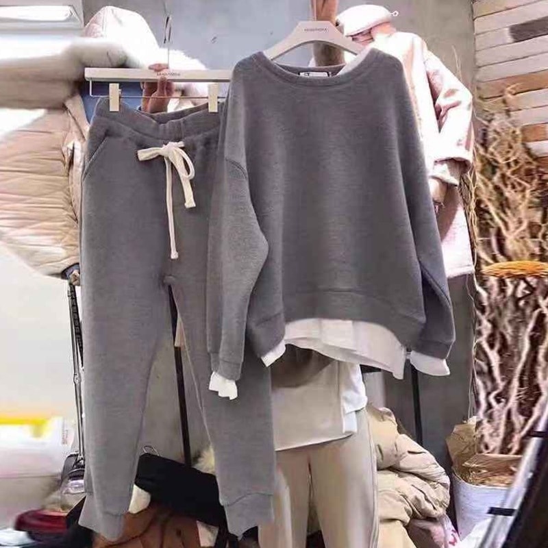 セットアップ セーター ズボン スウェット ロング ロング丈 長袖 ラウンドネック ルーズ ウエストゴム フリース 上下セット 2点セット ツーピース 大人可愛い シンプル カジュアル かっこいい