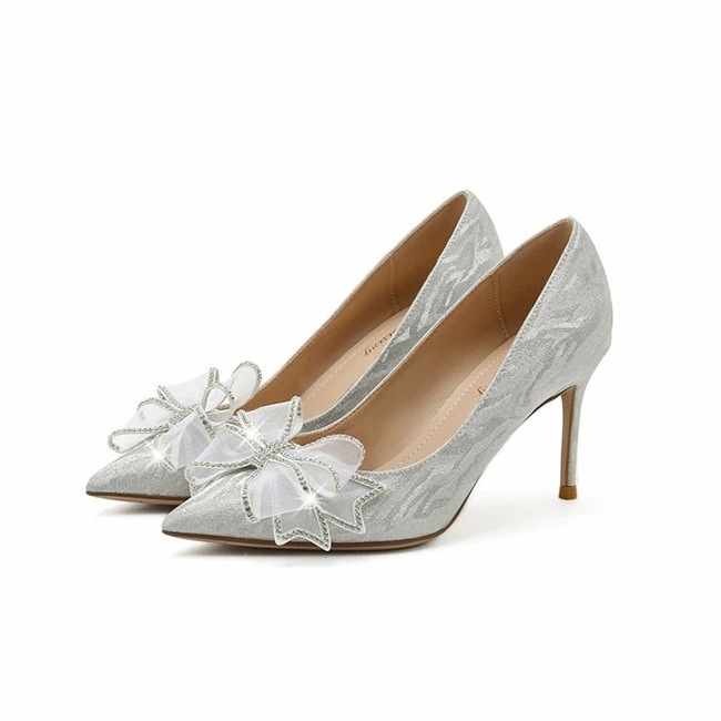 シルバー/シャンパン/グレー　ハイヒール　ピンヒールパンプス 　クリスタル　リボン　ヒール6/8/10cm　 レディース 靴 美脚 結婚式　ウエディングシューズ　靴　フォーマル　結婚式　花嫁　 お嫁さ