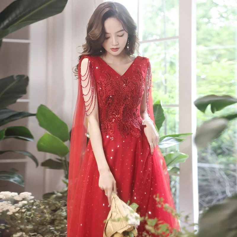 ウェアブライダルイブニングドレス2025女性婚約宴会ホームカジュアルアームカバースカートロングエレガントな気質