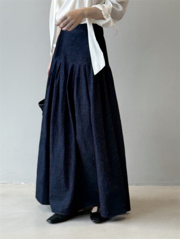 韓国ファッション 秋デニムスカート ゆるふわロング丈 ハイウエストAライン レトロ風広げデザイン