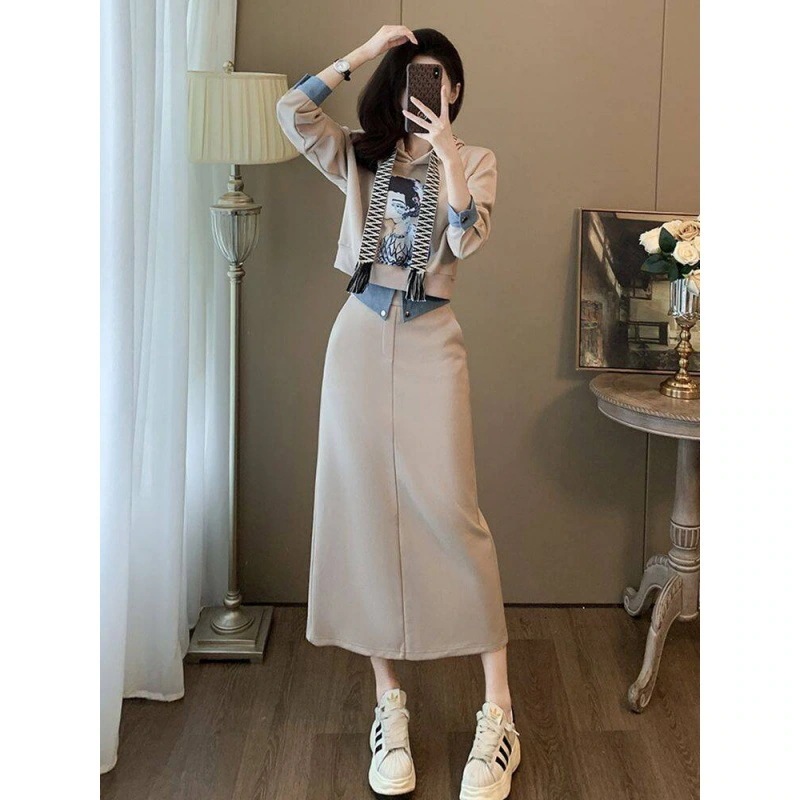 ハイエンドのカスタマイズ-気質と体型を備えた快適な新しいスタイル秋冬の女性のための美しいスーツスカートスリムなスウェットシャツとスカートの2点セット