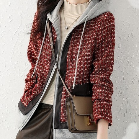 チェック柄ジャケット レッド アウター スリム 細身 ストレート スマート かわいい きれいめ