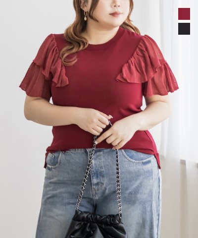 大きいサイズ レディース LL 3L 4L XL XXL XXXL ラメシアーフリル袖切替サマーニットプルオーバー