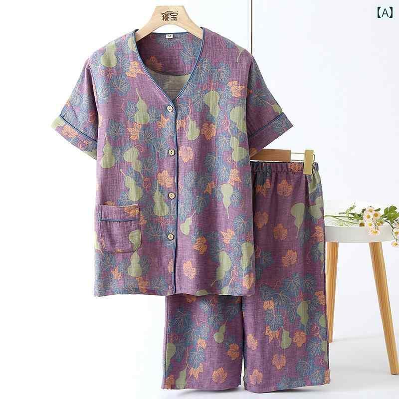 ルームウェア 部屋着 レディース 半袖 婦人 ミセス 5分丈 パンツ パジャマ 夏 綿 ガーゼ Vネック カーディガン 麻 高齢者 ホームウェア セット パープル グレー グリーン