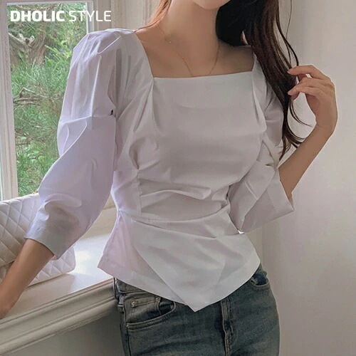 スクエアアシメシャーリング8分袖ブラウス・p589304