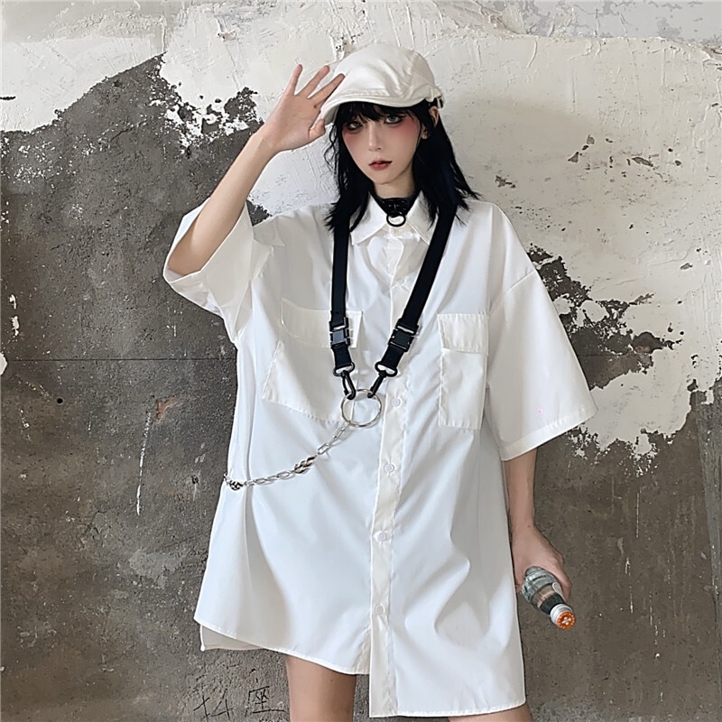 レディース トップス シャツ 半袖 襟付き ワイド 前開き シンプル カジュアル おしゃれ かっこいい こなれ感 ラフ メンズライク マニッシュ ボーイッシュ ルーズ 個性的 クール モダン 主役級