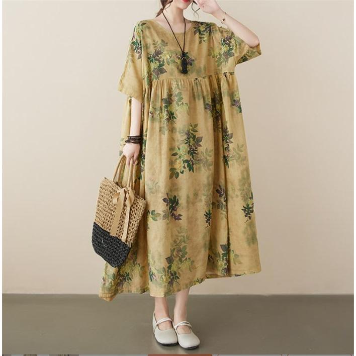ロングワンピース レディース 半袖 夏 春夏 ワンピース ロング丈 花柄 可愛い 体型カバー 春 夏 秋 カジュアル ゆるっとワンピース ママコーデ