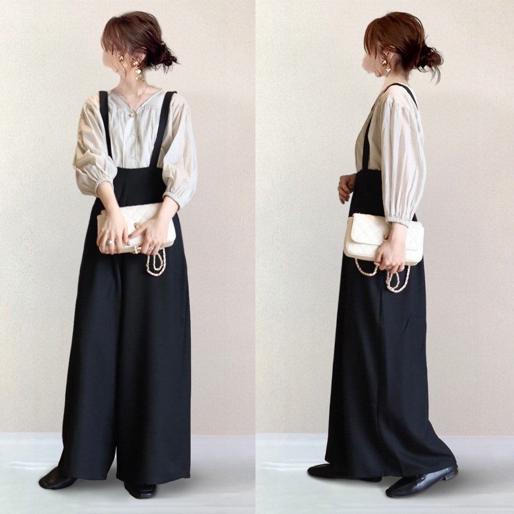 【精巧裁ち】 無地 シンプル カジュアルロング丈ハイウエストブラックコンビネゾン