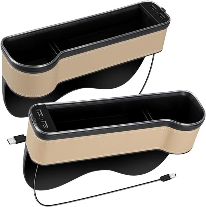 車 隙間 すきま 収納 シート サイドポケット コンソールボックス 多機能 USB ライト 運転席 助手席 2個(オフホワイト)