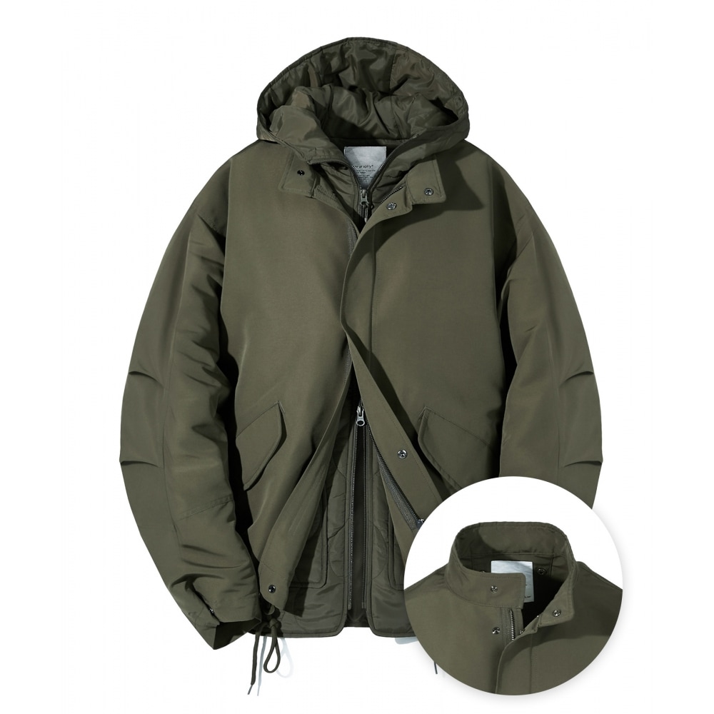 CODEGGY (取り外し可能な裏地) US-ARMY ミリタリーフィッシュテイルフード付きショートパーカー_カーキ