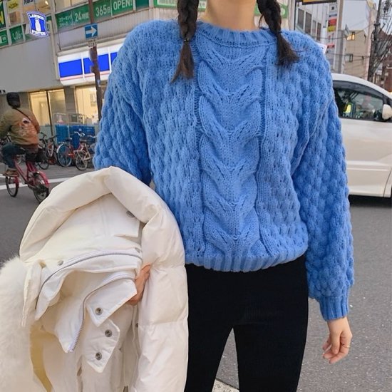 ニットセーター レディース ケーブルニット 長袖 ポップコーン ぽこぽこ ショート丈 クロップド丈 ケーブル編み セーター ボリューム かわいい カジュアル プルオーバー おしゃれ