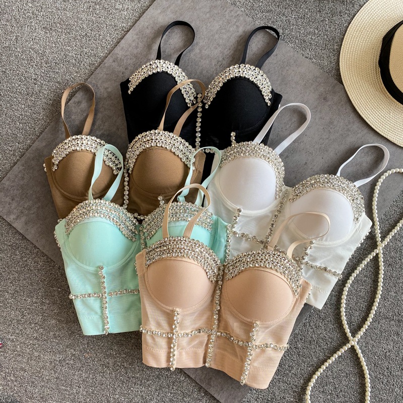 レディース トップス キャミソール コルセット ブラトップ ビスチェ ミニ ショート 袖なし 鎖骨 デコルテ 肩出し ブラカップ タイト スリム 細身 チェーン ホック ハイウエスト キラキラ