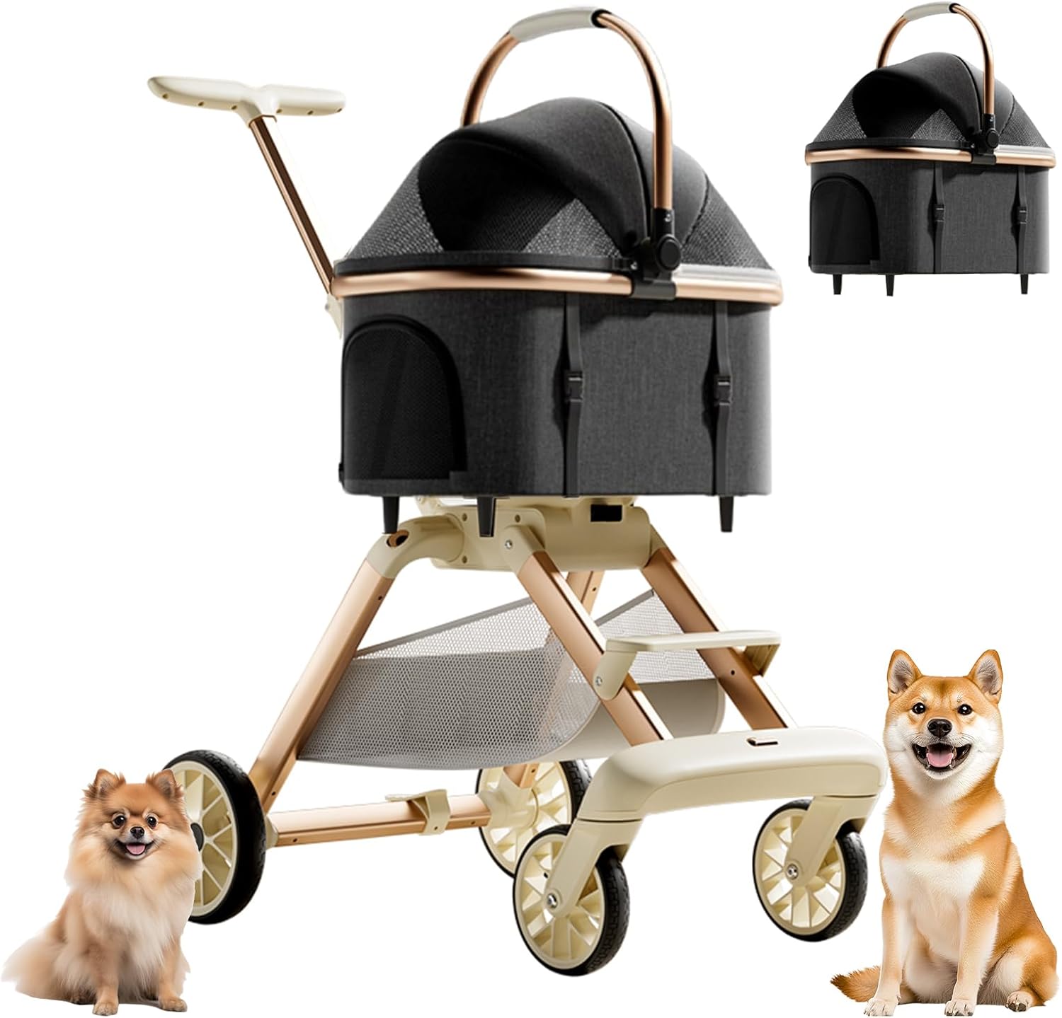 分離型4輪折りたたみペットカート 耐荷重30kg 前輪360度後輪ブレーキ付 コンパクト収納 飛び出し防止 小型中型犬用