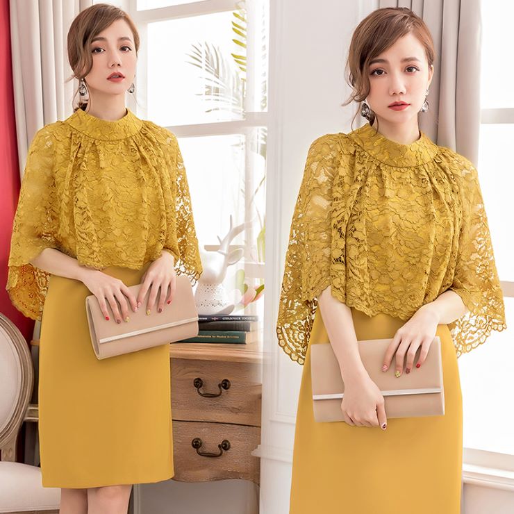 ケープ風レース パーティードレス 結婚式 フォーマル 披露宴 卒業式 入学式 発表会 二次会 20代 30代 40代 大人 レディース ミディアム丈 ひざ丈 レース 春 夏 秋 冬