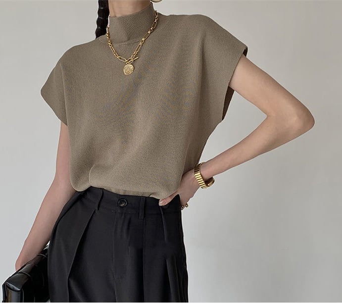 トップス 袖あり フレンチスリーブ ハイネック サマーニット かわいい 大人可愛い きれいめ シンプル 大人 上品 おしゃれ 大人可愛い 大人女子 無地 夏 秋 10代 20代 30代 オフィス ビジ