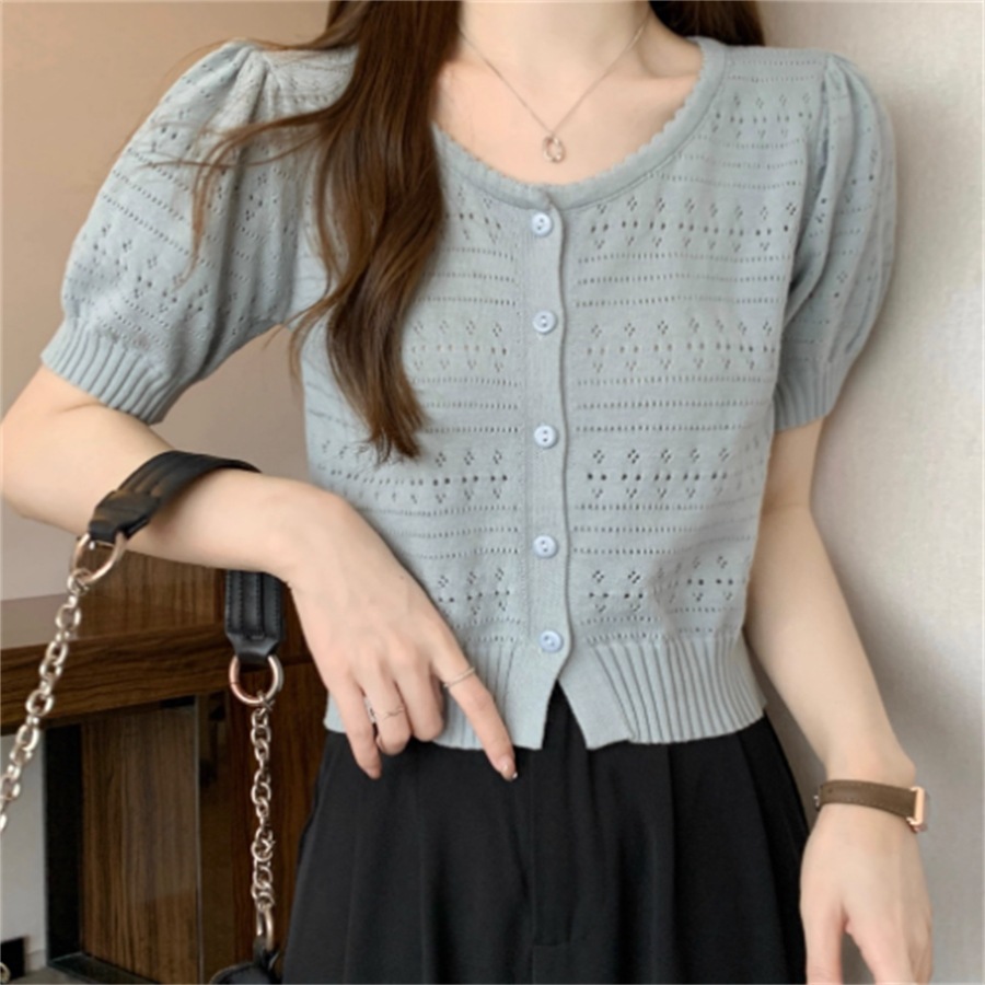 カーディガン 4色 アウター 羽織り サマーニット かぎ編み ショート 袖あり 半袖 Vネック 透け感 シースルー 薄手生地 かわいい 大人可愛い 綺麗 シンプル カジュアル 上品