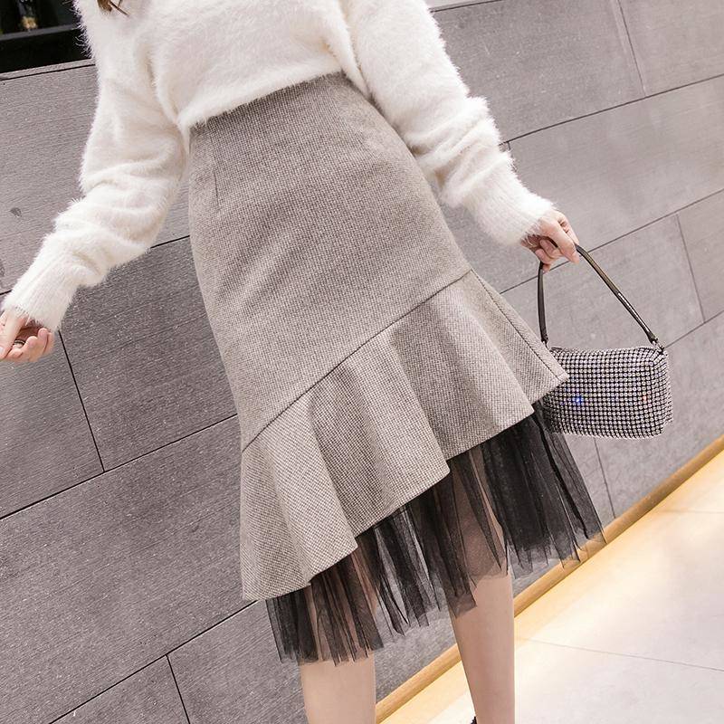 カジュアル フリルスカート 翌日出荷 おしゃれ シンプル 切り替え ミディアム丈 秋冬 ハーフスカート マーメイドスカート ボトムス ハイウエスト チュールスカート 無地 レディース フリルスカート