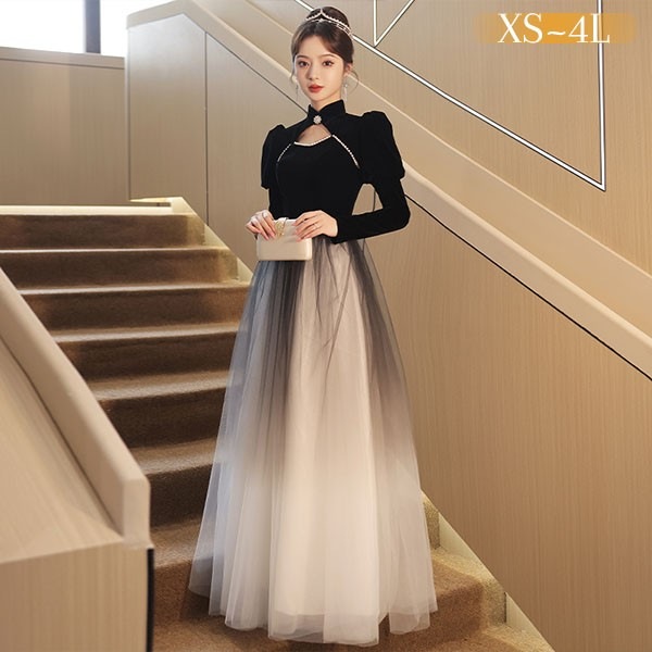 ドレス 大人 ピアノ 発表会 ロングドレス 演奏会 結婚式 母親 ピアノ発表会 黒ドレス 袖付き グラデーション ワンピース 長袖 演奏会ドレス 演奏会用ドレス パーティードレス イブニングドレス ロ