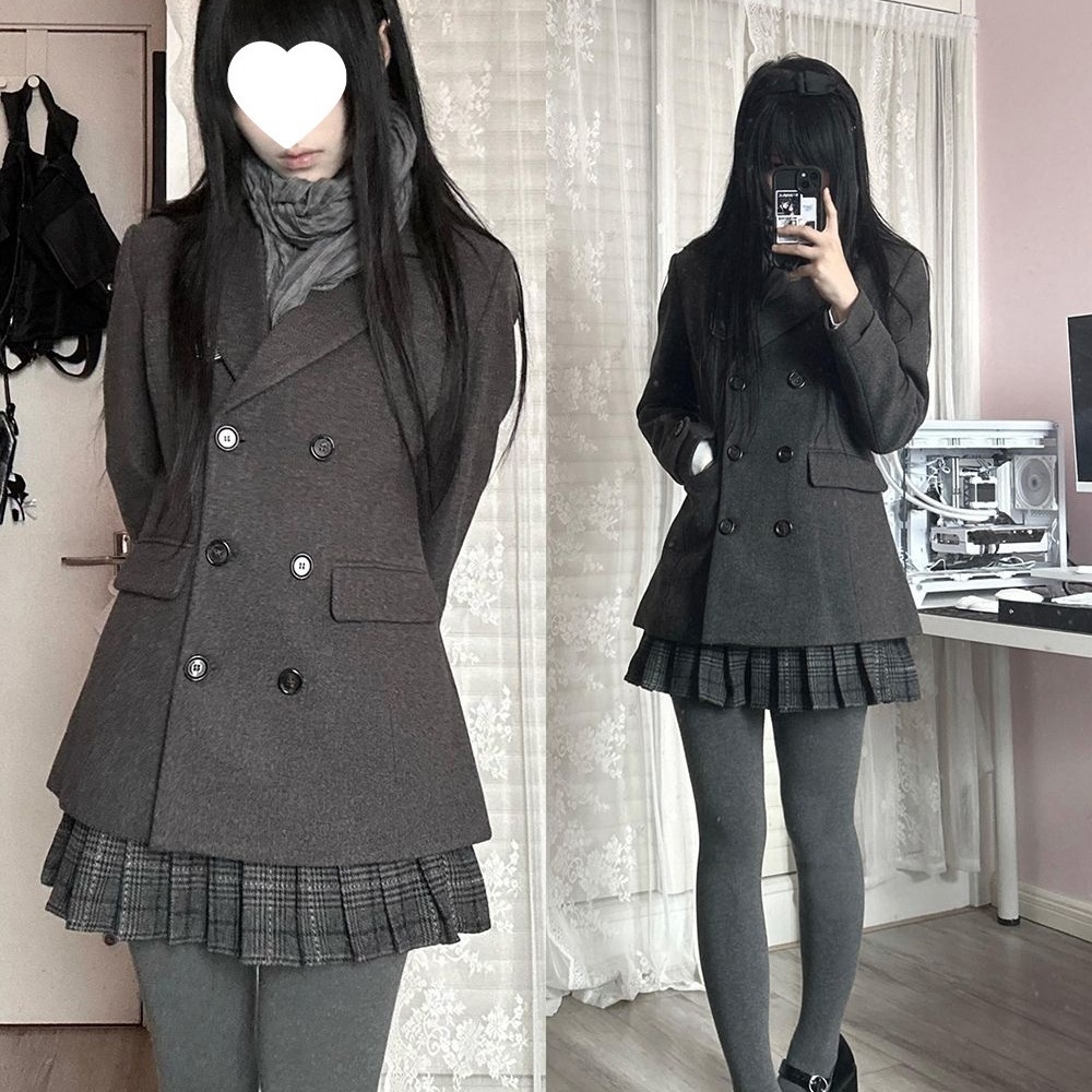 制服ウールコートチェック柄スカートスーツカレッジスタイルニッチデザイン肥厚ウールコート冬
