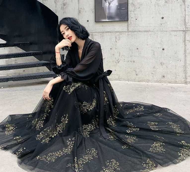 シースルー フラワー キャンリープ 抜け感 シフォンドレス ロングドレス セクシー 小さいサイズ カシュクール風 ブラックドレス Aライン きれいめレディースファッション XS/S/M/L/XL/XL