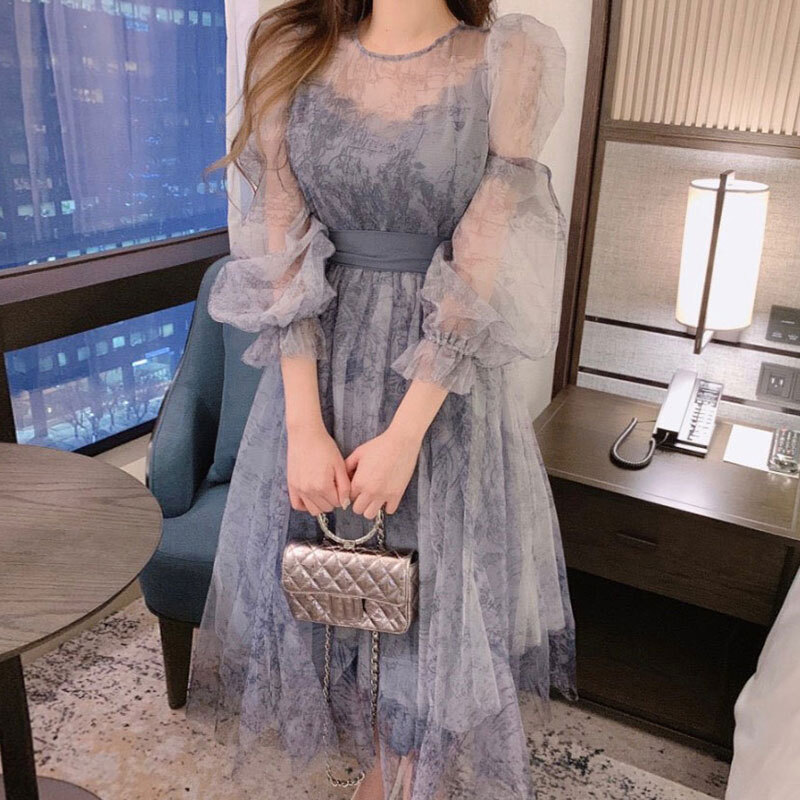 ワンピース レディース ドレス ロングワンピース 膝下 ミディアム丈 袖あり 長袖 Aライン 透け感 シースルー 韓国 かわいい 大人可愛い きれいめ シンプル 上品 エレガント フェミニン おしゃれ