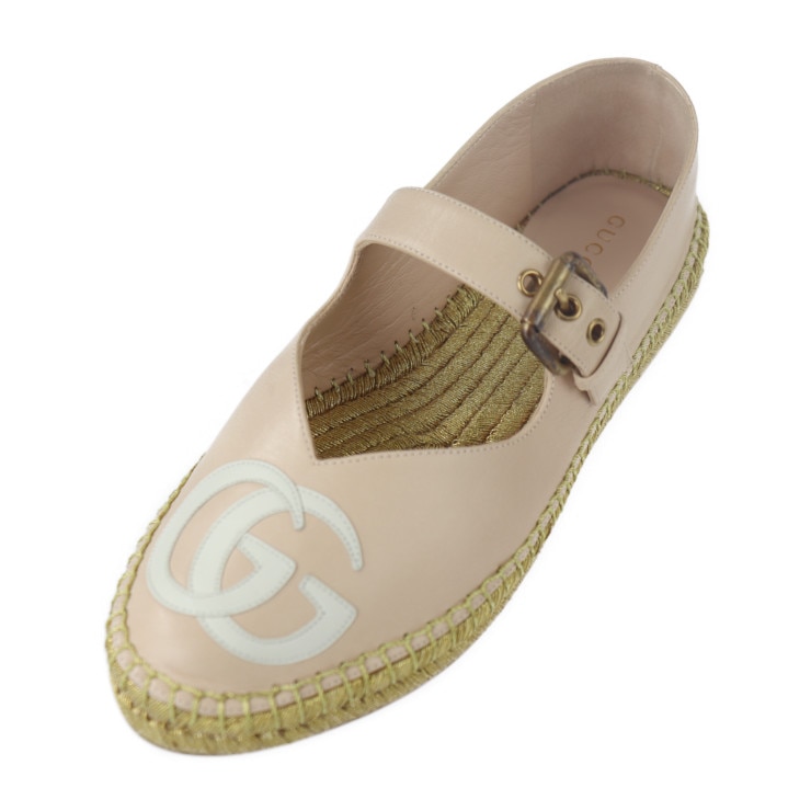 超美品 GUCCI グッチ パンプス 659683 エスパドリーユ 表記サイズ 35 レザー ピンクベージュ系 ゴールド GGロゴ 参考サイズ約22cm ベルト ストラップ フラットシューズ 本物保証