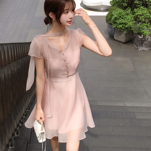 (韓国製)（ミニ＆ロング／フェミニンムード）2丈 タイストラップ キャップスリーブ シフォン フレアワンピース op16380