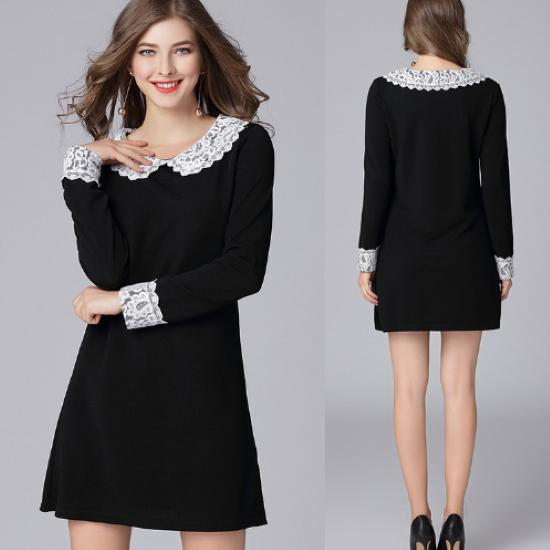 ミニワンピース 冬 長袖 フレア ワンピース 秋冬 きれいめ 大きいサイズ5XL ミニ丈 膝上ワンピース レース襟 レース カジュアル お出掛け おしゃれ ブラック ショート丈 シンプル 黒