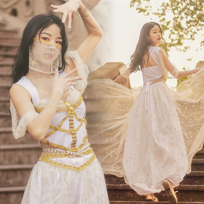 ハロウィン コスプレ衣装 ダンス衣装 ベリーダンス 衣装 セット アラビアン衣装 全身セット(トップス＋パンツ＋フェイスベール) コスプレ アラジン コスチューム ステージ ハロウィン 仮装 余興 イ