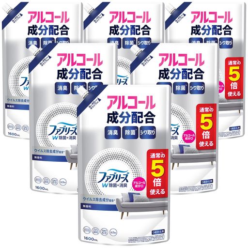 ファブリーズ W除菌+消臭スプレー 衣類・布製品用 無香料 アルコール成分配合 詰め替え 5回分/1600mLx6袋 [ケース品]