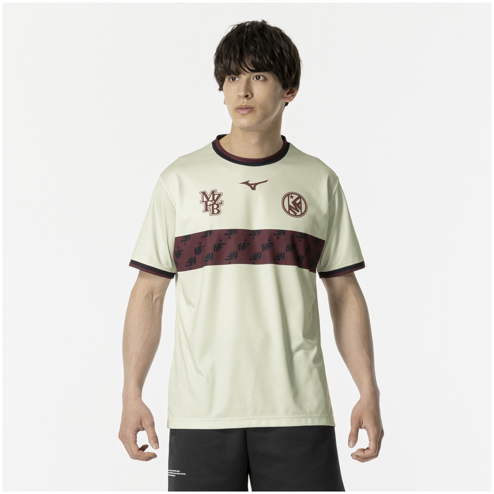 ミズノ P2MABX7302L ユニセックス フットボール ボーダーTEE（オフホワイト・サイズ：L） P2MABX7302L
