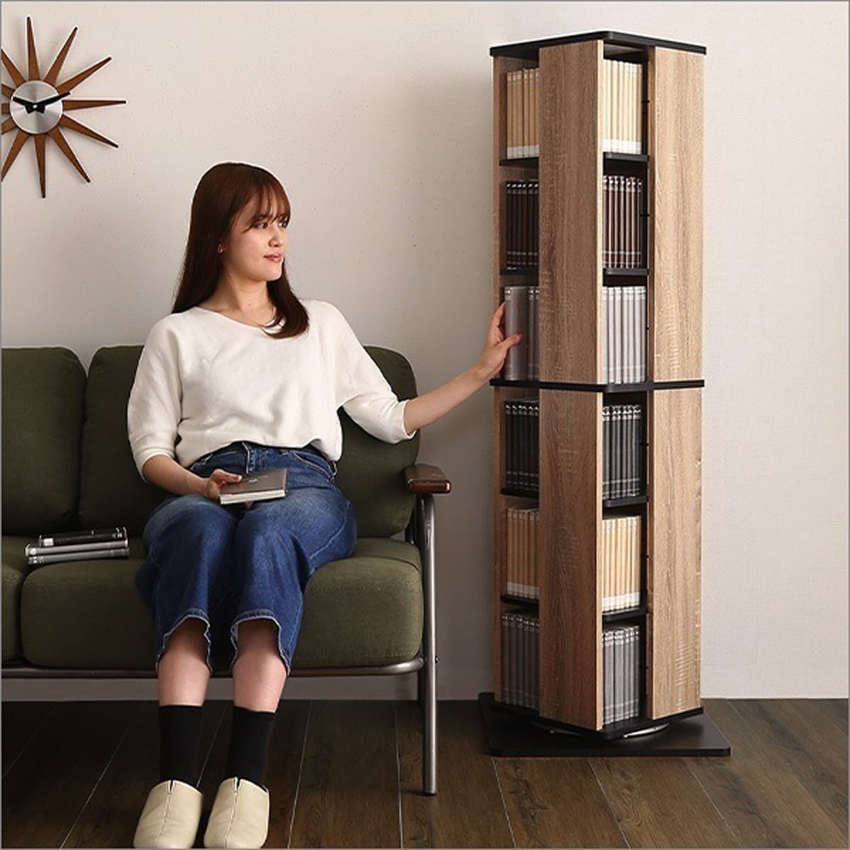 回転ブックラック6段 ヴィンテージ 回転コミックラック 6段 木目調 本棚 ディスプレイ 収納