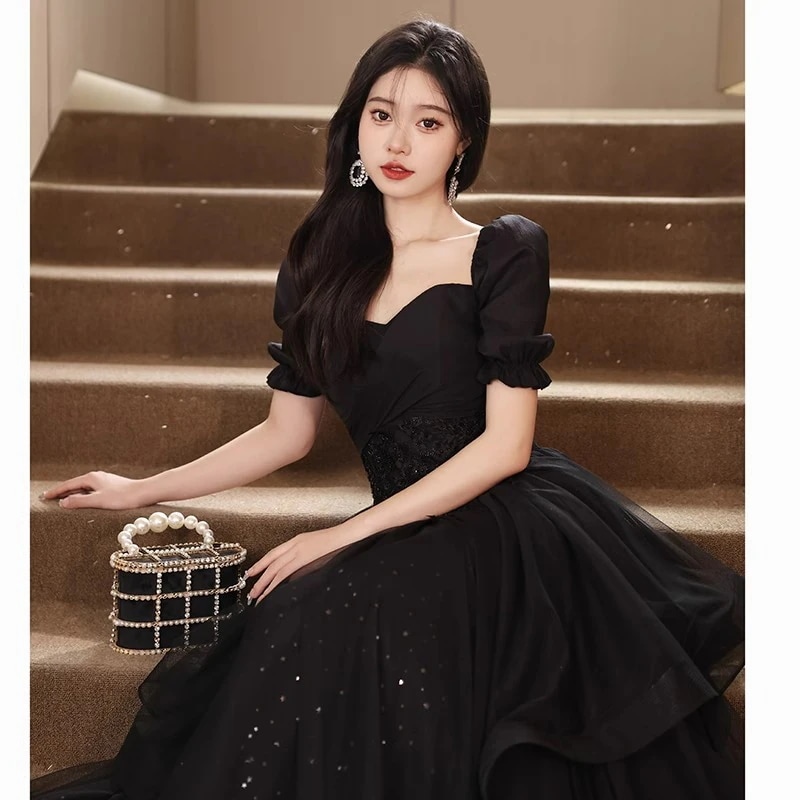 送料無料 新品追加 宴会ブラック ブルーイブニングドレス パーティードレス パーティー 司会者 成人式 ワン