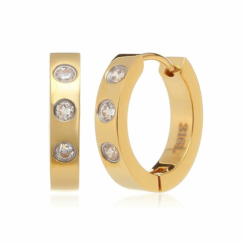 [Negozietto] ネゴツィエット ピアス W1S15Q3-N315G 低金属アレルギー ステンレス 316L フープ 平打ち 中折れ 3石CZ 2mm イエローゴールド