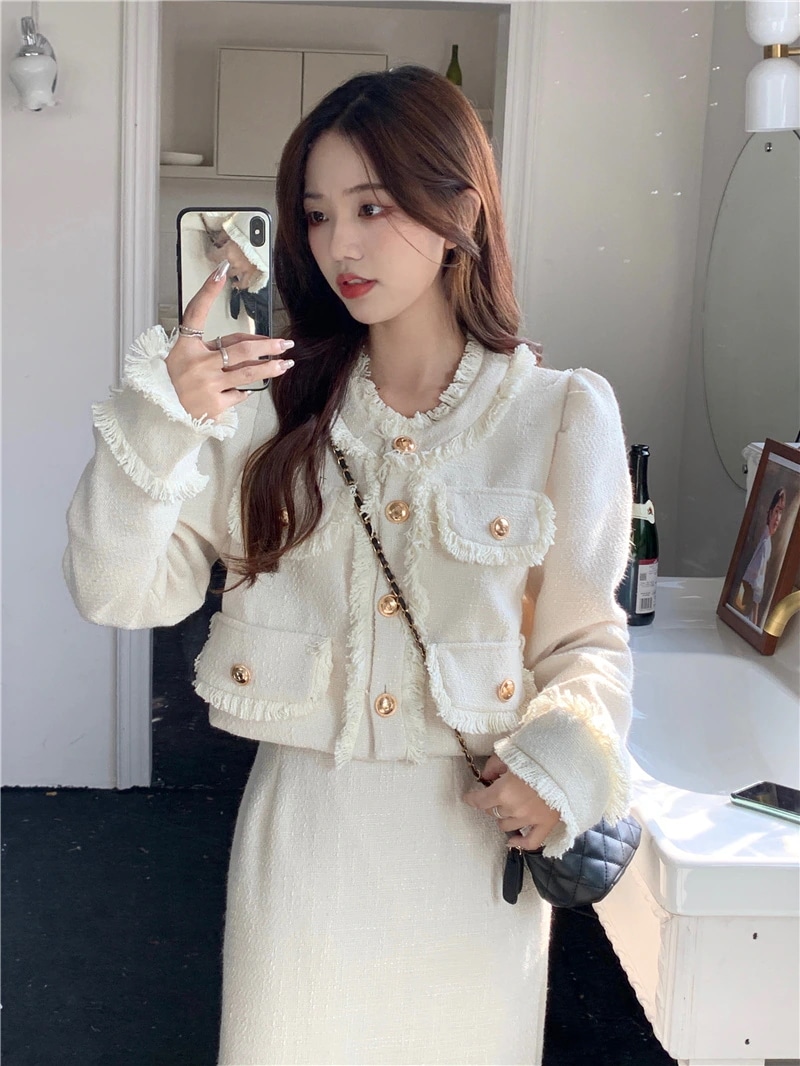 セットアップ ２点セット ジャケット スカートフレンチ パイピング ツイード スーツ 韓国 大人っぽ お出かけ デート フェミニン30%制限 4,690円