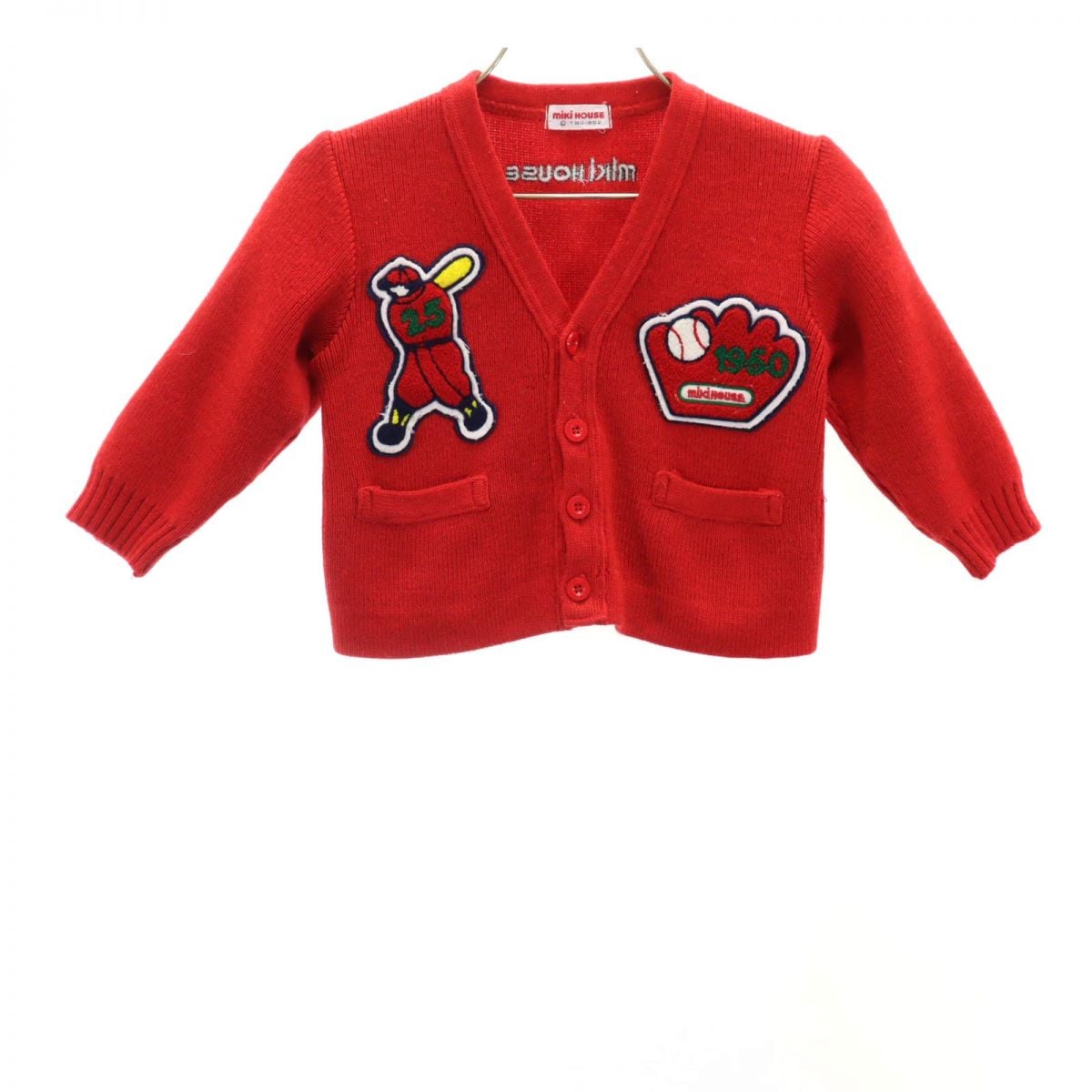 長袖 Vネック ニット カーディガン L レッド 野球 キッズ