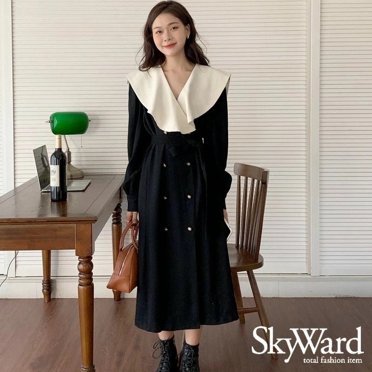 切り替え バックレイヤー ゆったり ワンピース フレア ロング丈 ミモレ丈 ワンピース 秋冬 長袖 レディース