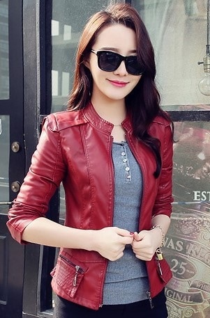 5093.ノーカラージャケット（ワインレッド）2019 春夏 sale アウター 美ライン おしゃれ カジュアル Uネック フェイクレザー オフィス ビジネス お出かけ 女子会 普段使い 通勤 通学