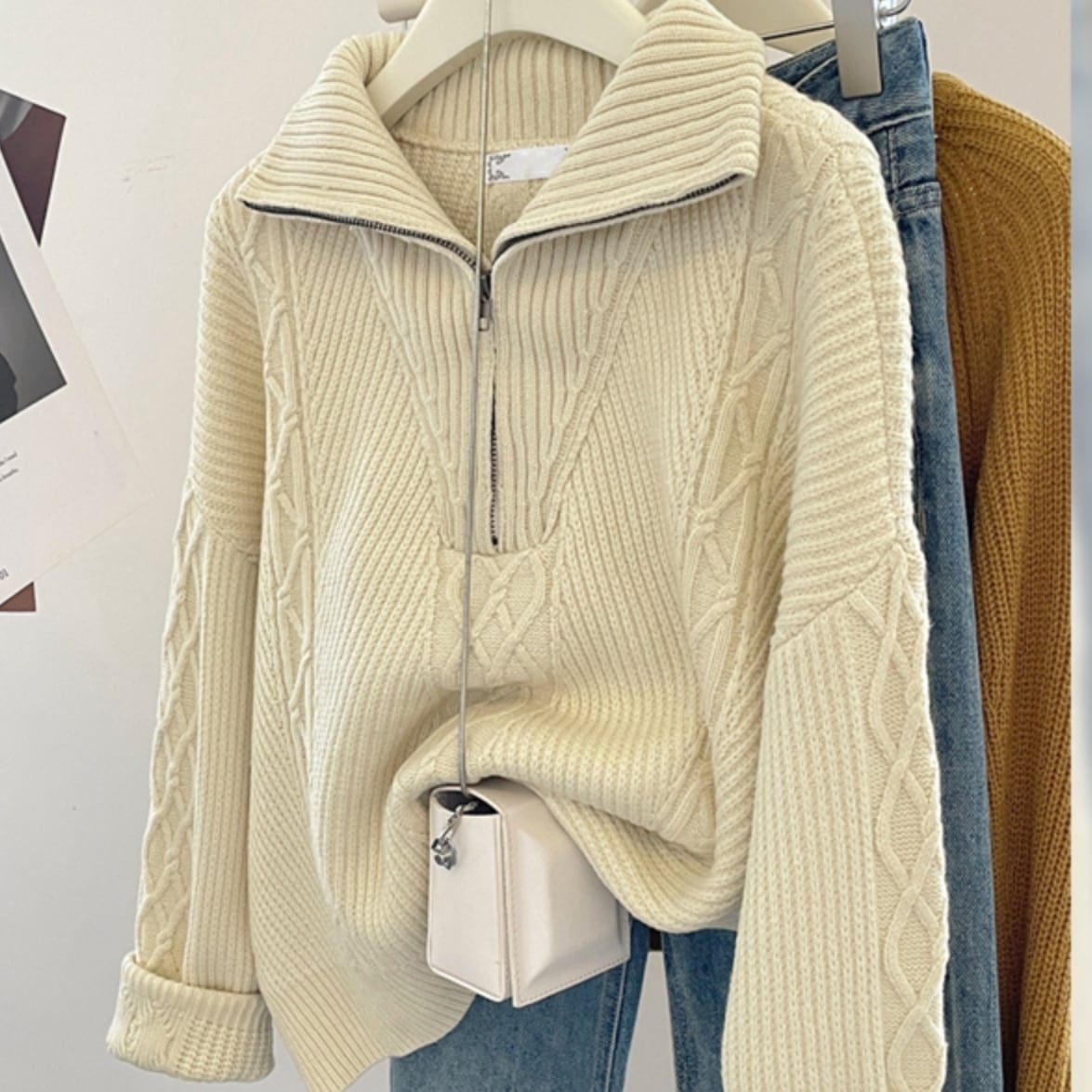 セーター ニット トップス ハーフジップ ケーブル編み スタンドカラー リブ ワイド ビッグシルエット ドロップショルダー 長袖 大人可愛い シンプル 上品 お洒落 こなれ感 普段使い