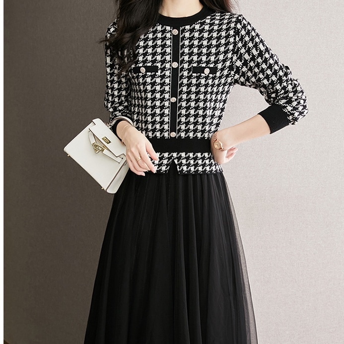 ドレス ミディアム丈ドレス ワンピース ミディアム丈ワンピース ミディアム丈 長袖 ラウンドネック デザインボタン ウエストマーク 切り替えデザイン シースルー フレア かわいい 大人可愛い きれいめ