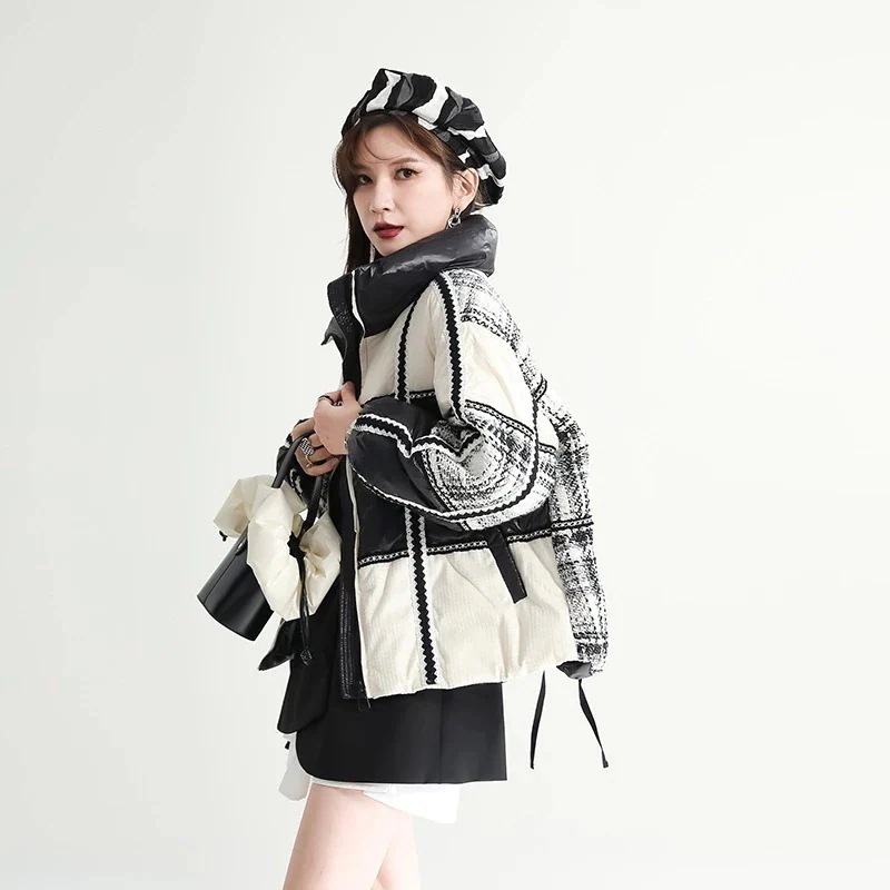 可愛いチェックコートレディース冬服アウターショートジャケット韓国ファッションダウンジャケット人気新作