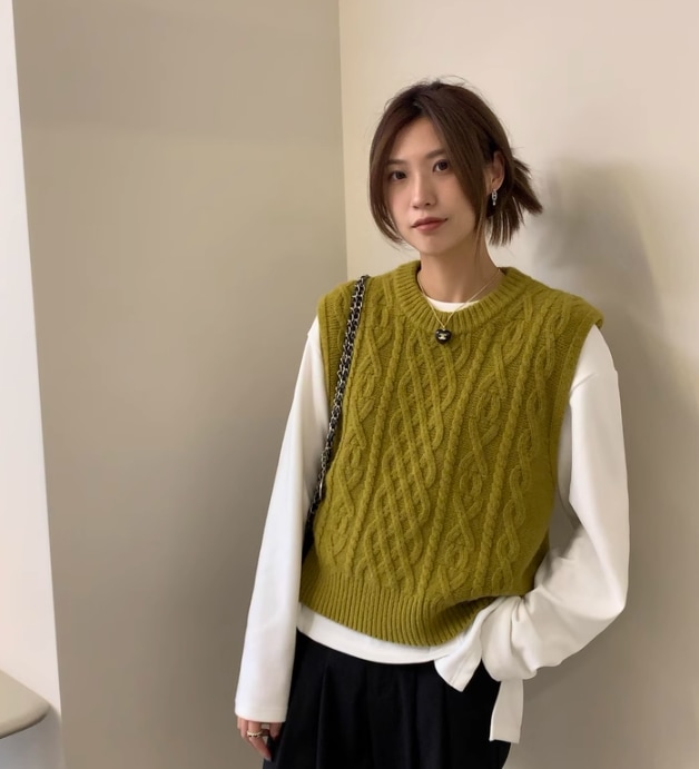 トップス デート モテアイテム シャツ ニットベスト 長袖 レイヤード ウール ケーブル 大人可愛い きれいめ 上品 おしゃれ かっこいい 大人可愛い ラブリー キュート ガーリー クール モード系