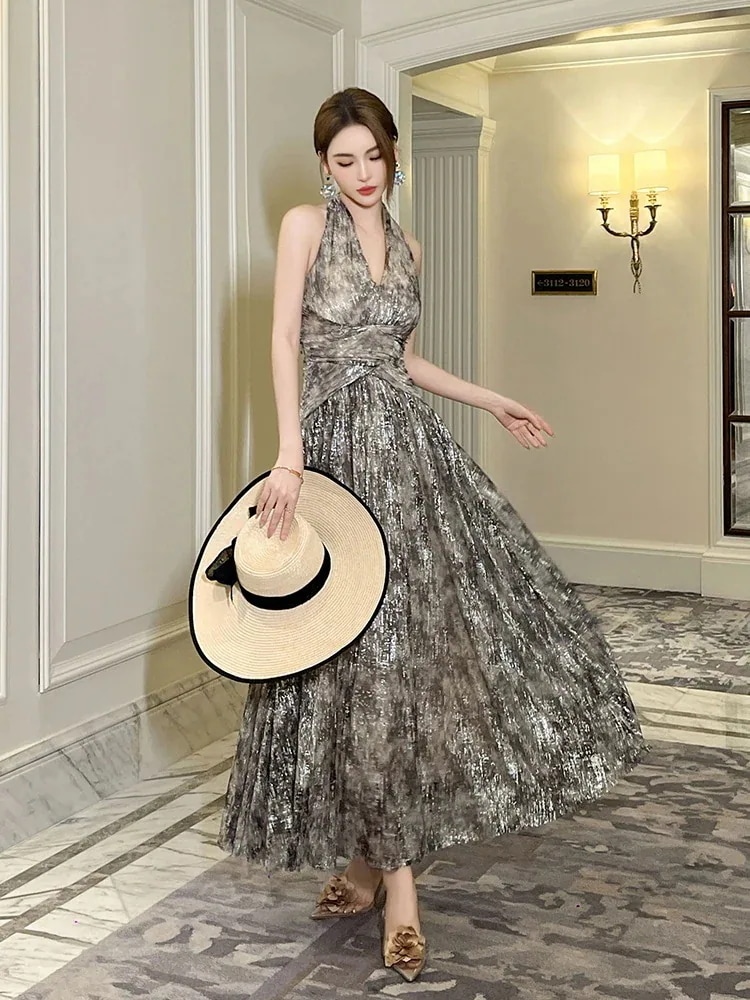 【JY.上品】 2024夏新品 Vネック ホルターネック ロング シフォンワンピース ドレス パーティー キャバ 大人 同窓会 披露宴 卒業式 結婚式 演奏会 ウェディング 二次会 メガ割30%までに